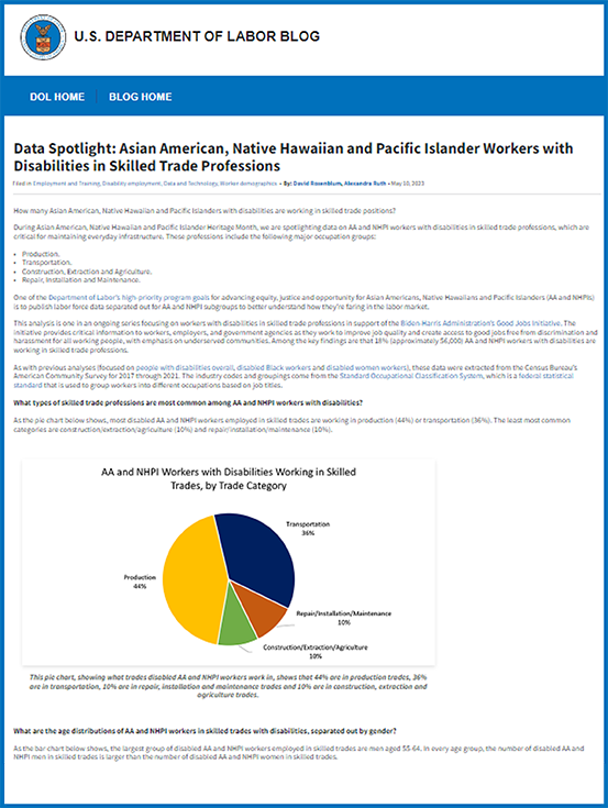 Screenshot of Data Spotlight: Asian American, Native Hawaiian and Pacific Islander Workers with Disabilities in Skilled Trade Professions with text and pie graph visible.
