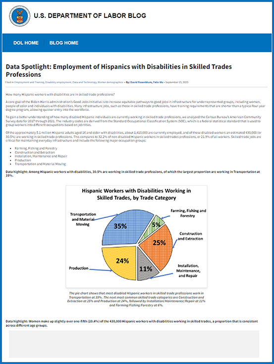 Screenshot of Data Spotlight: Employment of Hispanics with Disabilities in Skilled Trade Professions with text and pie graph visible.