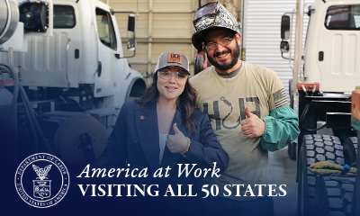 Secretary Chavez-DeRemer and a worker give a thumbs up. 'America at Work: Visiting all 50 states'