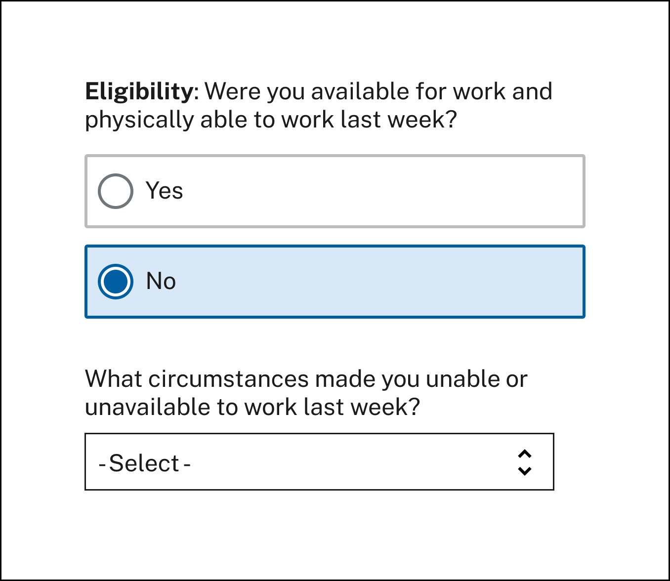 A screenshot asking follow-up eligibility and able and available questions.