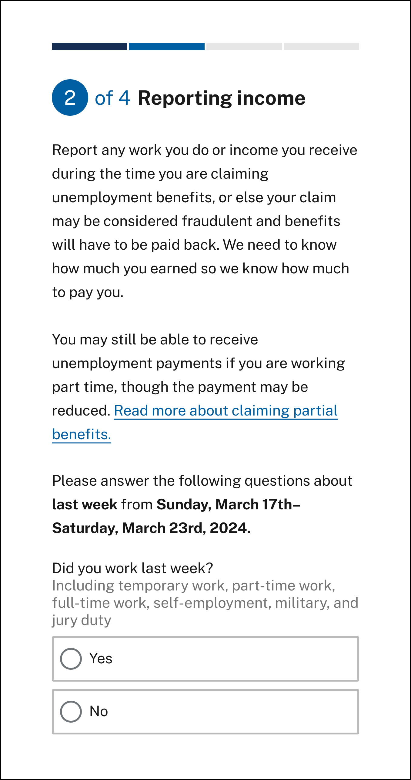 A sample reporting income screenshot for claimants to report any work or income received during the period they are claiming unemployment benefits.