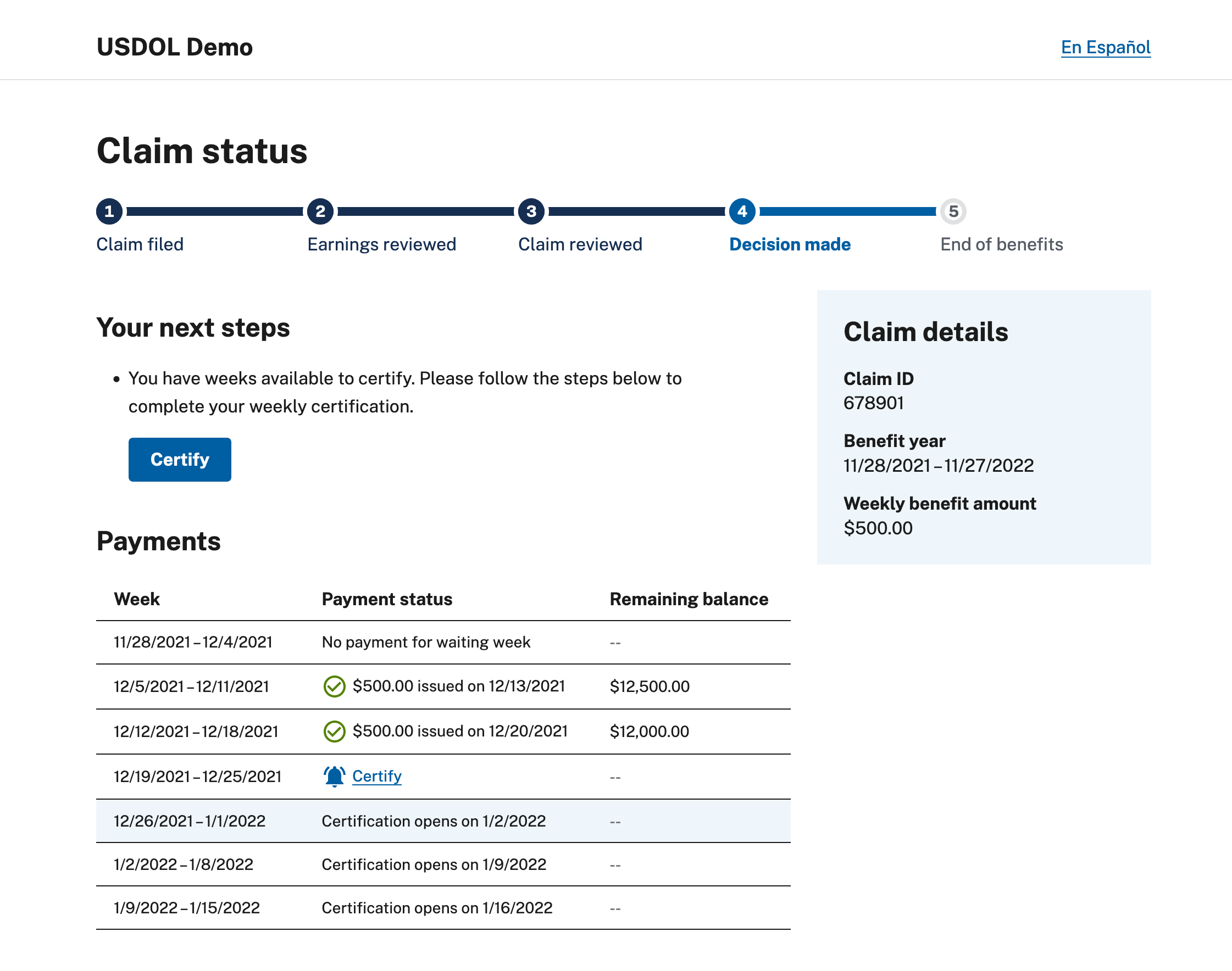 Screenshot of example claims status page in English
