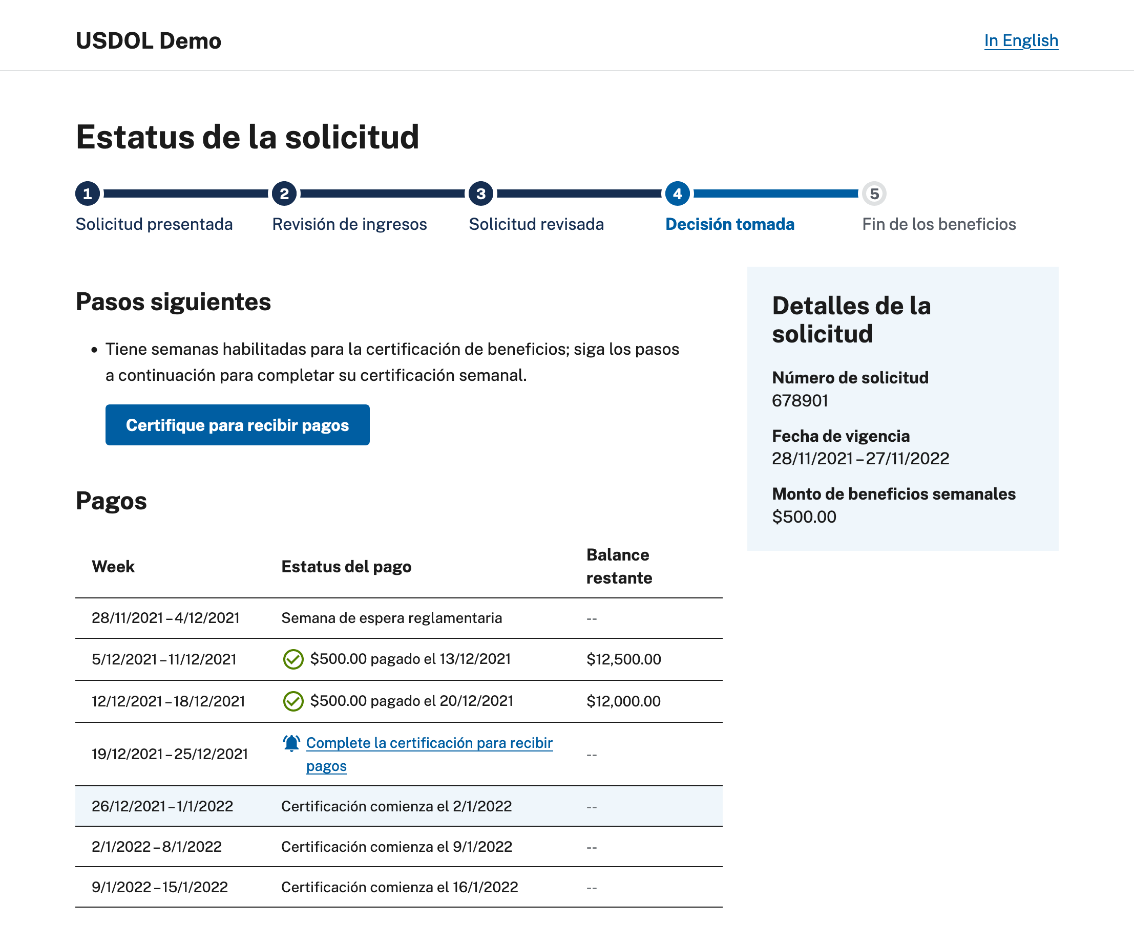 Screenshot of example claims status page in Spanish