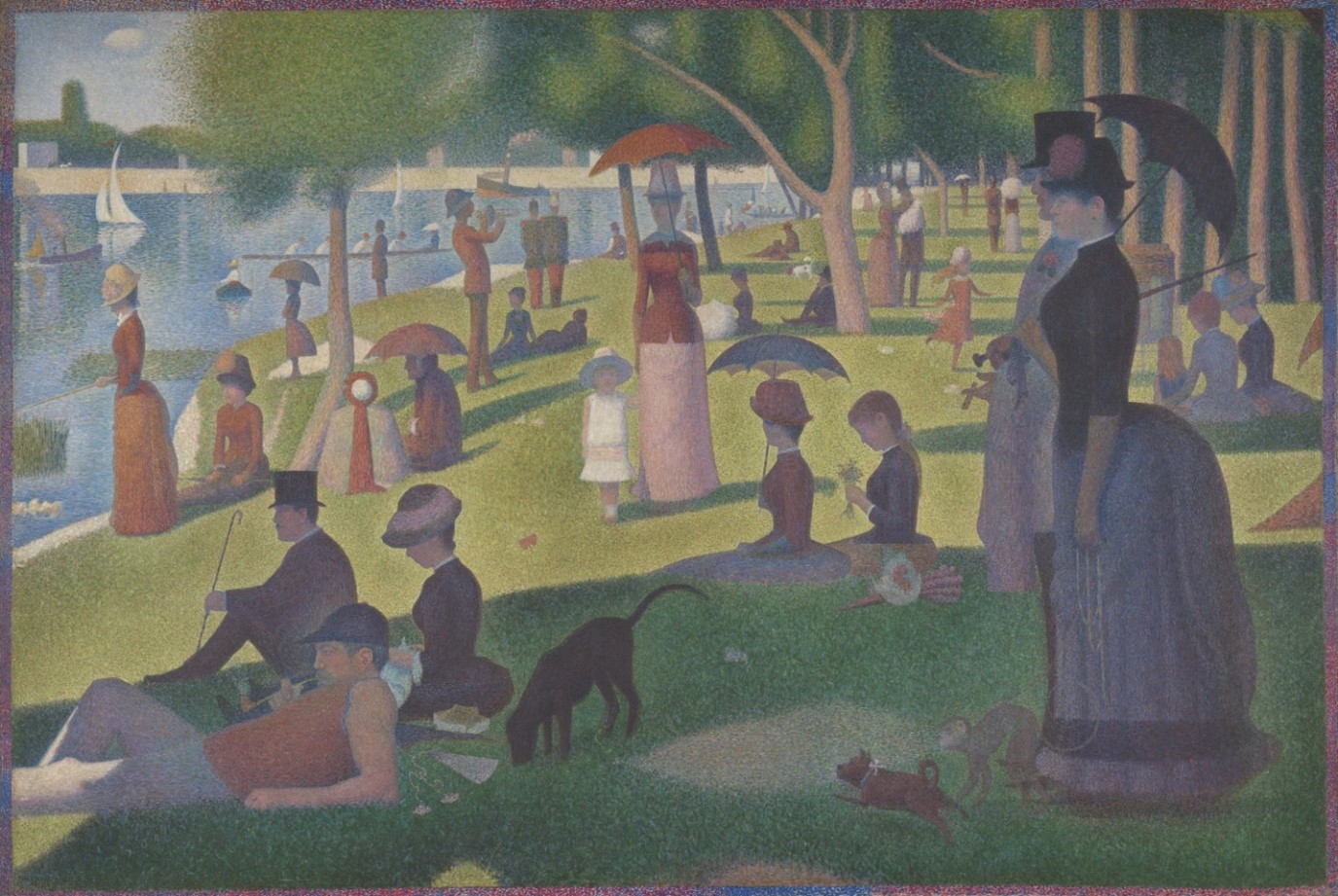 A painting depicts a crowd of individuals of different social classes strolling and relaxing in a park along a river. Later adjustments to this painting will illustrate applications of privacy-preserving techniques.