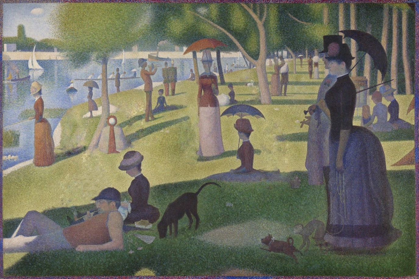 A painting depicts a crowd of individuals gathered in a park along a river. Compared with figure 3, individuals have been removed from the painting, representing suppression, which preserves privacy by not releasing data about certain subgroups.