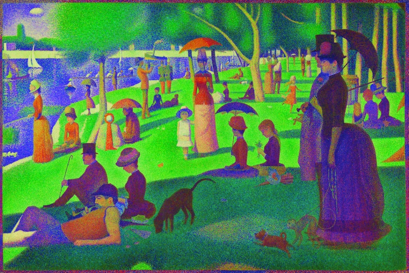 A painting depicts a crowd of individuals gathered in a park along a river. Compared with figure 3, the color palette has been limited to one shade of each color, representing generalization, which preserves privacy by creating broader groups