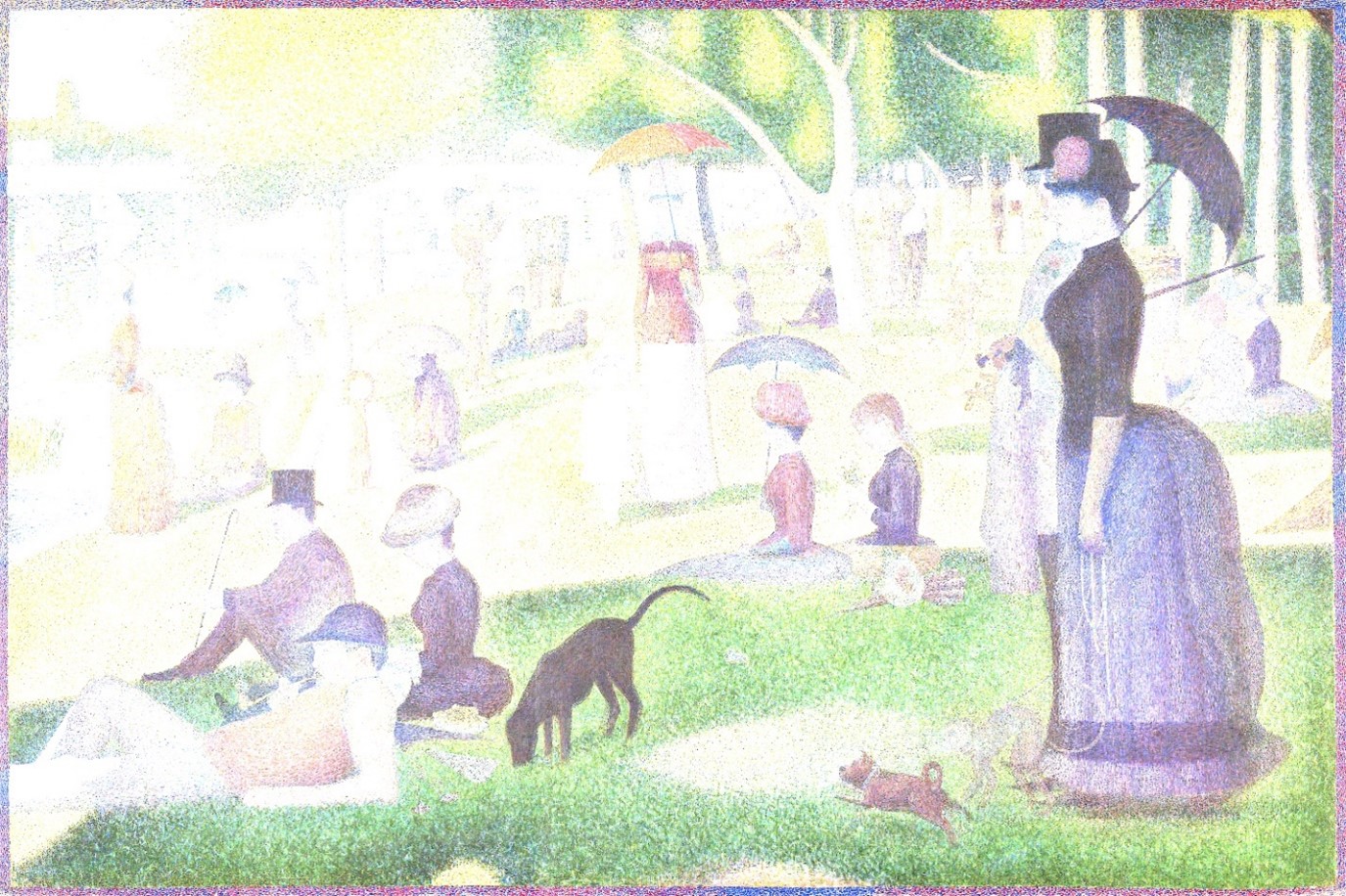 A painting depicts a crowd of individuals gathered in a park along a river. Compared with figure 3, all lighter pixels have been changed to white, representing top-coding, which preserves privacy by recoding extreme values.