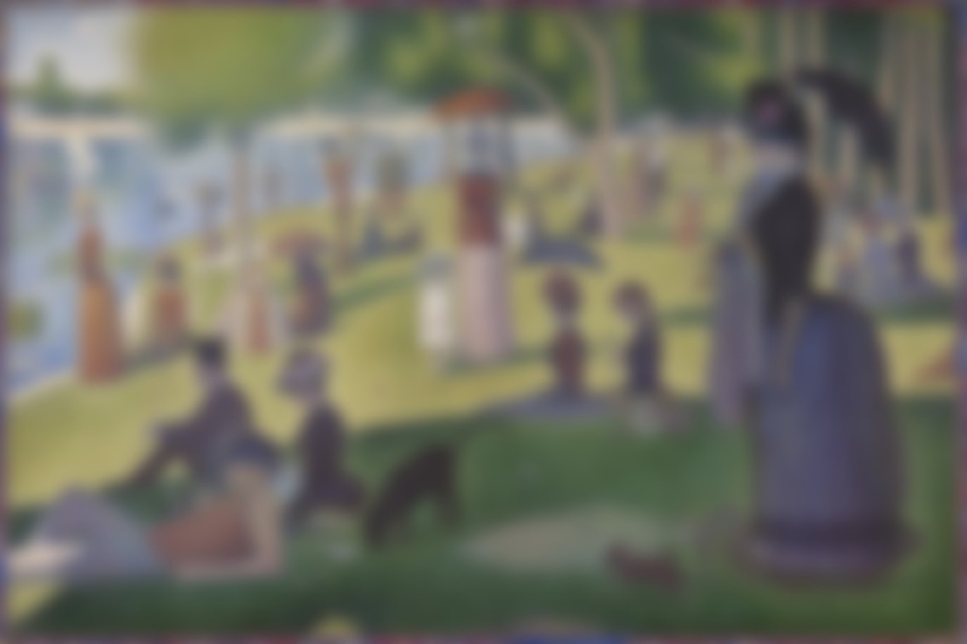 A painting depicts a crowd of individuals gathered in a park along a river. Compared with figure 3, the lines around objects are softened or blurred, representing rounding, which preserves privacy by making specific data points less exact.