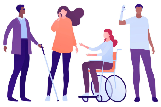 Cartoon-style image depicting four people with diverse physical disabilities.