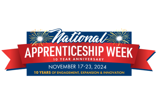 Red, white and blue graphic with bursting fireworks and a celebratory banner reads: National Apprenticeship Week. 10 year anniversary. November 17-23, 2024. 10 years of engagement, expansion and innovation.