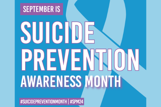 “September is Suicide Prevention Awareness Month #SuicidePreventionMonth #SPM24” and an image of a blue suicide prevention awareness ribbon.