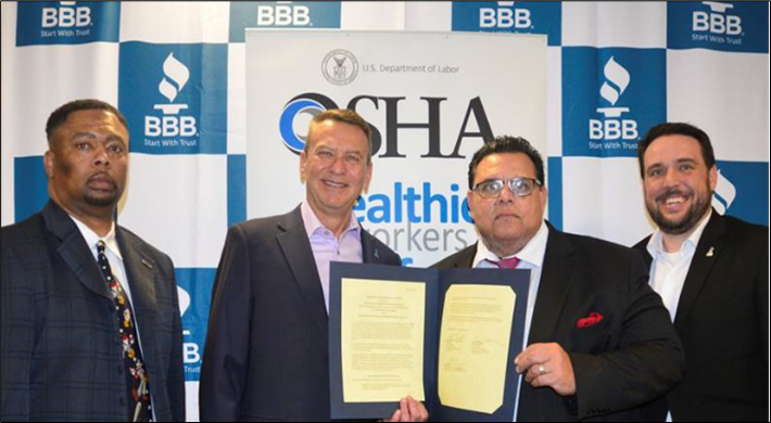 OSHA’s Fort Worth Area Director Timothy Minor, Better Business Bureau North Central Texas President & CEO Jay Newman; OSHA’s Dallas Area Office Director Basil Singh; and Better Business Bureau North Central Texas Chief Operating Officer David Beasley signed an alliance on Feb. 6, 2023, to promote understanding of the workplace safety and health rights and responsibilities.