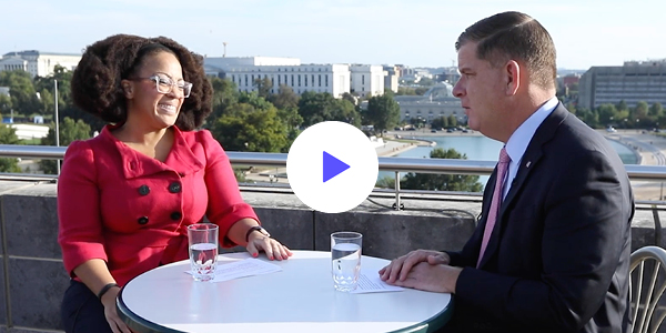 Secretary of Labor Marty Walsh and Assistant Secretary for Disability Employment Policy Taryn Williams chat on the roof of the department's D.C. headquarters. 