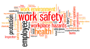 A word cloud featuring the words work safety, workplace hazards, employee, protection, health and work environment. 