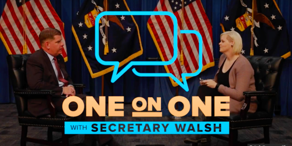 One on One with Secretary Walsh. Secretary Walsh chats with Navy veteran Jessica Case. 