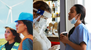 Three images show women of color at work near a windfarm, doing retail, and in scrubs. 