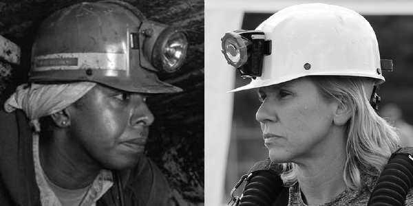 Black and white photos of women miners wearing mine helmets.