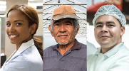 Three workers one in a collared shirt, one in a greenhouse, one in a kitchen.