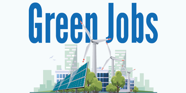 Green Jobs. Drawing of solar panels and windmills in an urban environment.