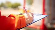 Close-up on the hands of a safety officer in protective jacket taking notes during a safety audit at an oil field operation.