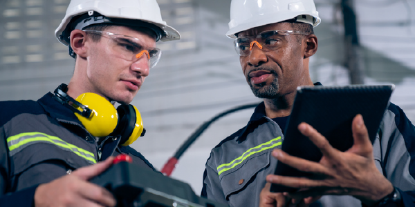 Two construction workers review information on clipboards.