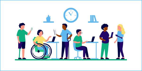 Illustration: people with various disabilities work together in an office.