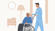 An illustration of a male nursing assistant pushing the wheelchair of an elderly man in his home. 