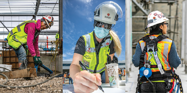 A collage shows three women of different racial backgrounds engaged in different construction tasks. All are wearing safety gear. 