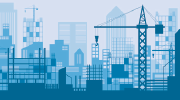 Illustration of a bustling city under construction, with building frames and cranes. 