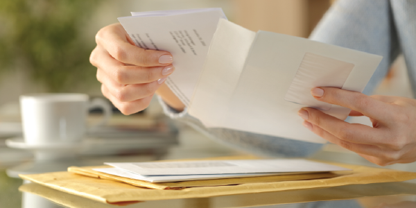 A woman removes documents from an envelope.