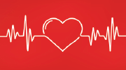 Illustration of an EKG reading showing a healthy pulse with a heart at the center. 