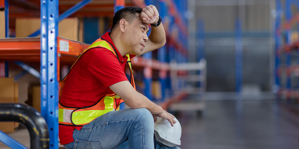 A warehouse worker sits down and wipes his forehead with his hand.