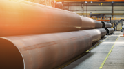 Large steel pipes in a warehouse.