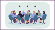 Illustration of men and women seated at a conference table.