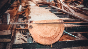 A sharp blade slices a tree trunk into plank boards on a machine at a sawmill. 