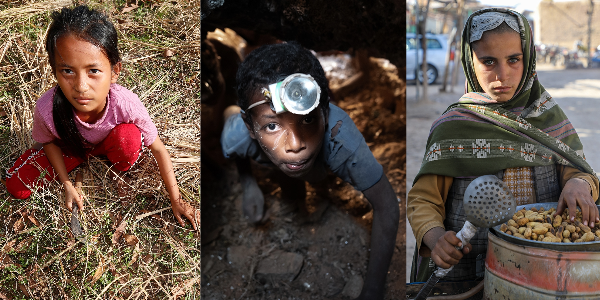 From left: A girl harvests rice in Cambodia (copyright: Godong/Alamy); a boy wearing a headlamp works underground in a mica mine in Madagascar (copyright: Safidy Andrianantenaina, UNICEF, UN0673614); a boy sells peanuts at a market in Afghanistan (copyrig