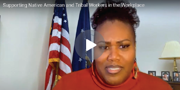 Screengrab of a video featuring Alaysia Black Hackett titled "Supporting Native American and Tribal Workers in the Workplace"