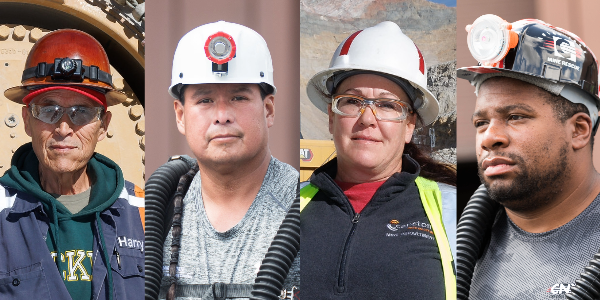 Collage of four diverse miners in safety gear.