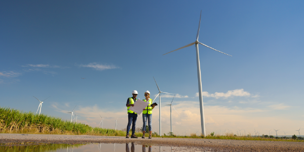 A man and woman in safety vests and helmets examine blueprints while standing beneath wind turbines.