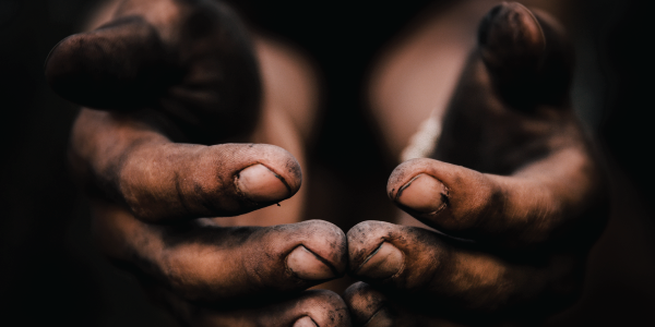 Two hands covered in debris and dirt.