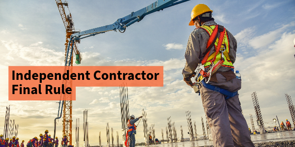 Independent Contractor Final Rule. DOL.gov Photo of construction workers in safety gear setting up scaffolding at a worksite.