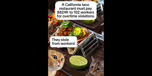 Talking cat meme over a photo of tacos. Caption reads: A California taco restaurant must pay $824K to 102 workers for overtime violations. The first cat says: They stole from workers! The second cat looks sad.