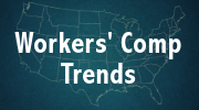 A map of the United States with the text âworkersâ comp trends.â