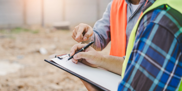 A worker stands next to an inspector with a clipboard. Both are wearing high visibility vests. 