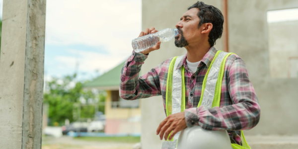 A male worker wearing a high-visibility vest and holding a hard hat takes a break at work to drink water.