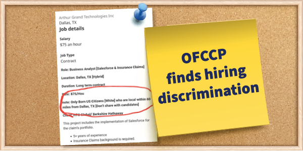 Image of a bulletin board with a racist job advertisement posted next to a note reading OFCCP finds hiring discrimination.