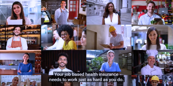 A collage of people in diverse professions and ethnicities smiling with text “your job based health  insurance needs to work just as hard as you do.”