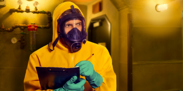 A man wearing a yellow protective suit, a gas mask and green rubber gloves while standing in a nuclear facility and holding a pencil and clipboard.