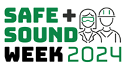 Safe + Sound Week 2024 logo with two illustrated workers wearing safety gear. 