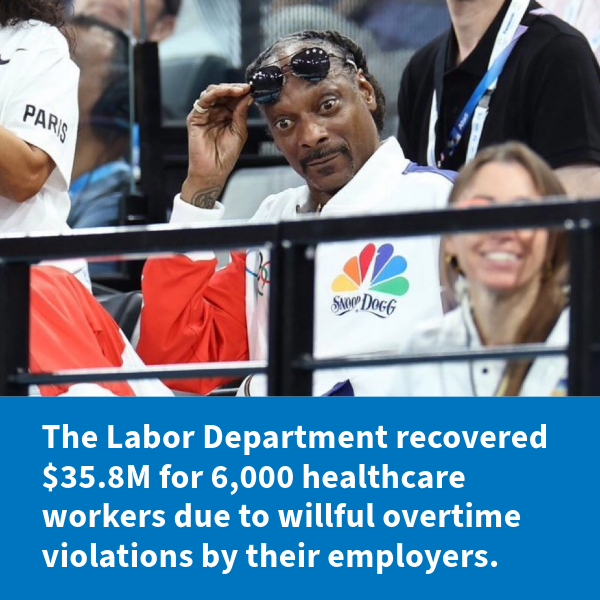 Photo of Snoop Dogg at the Olympics looking shocked and impressed. Caption reads: âThe Labor Department recovered $35.8M for 6,000 healthcare workers due to willful overtime violations by their employers.â